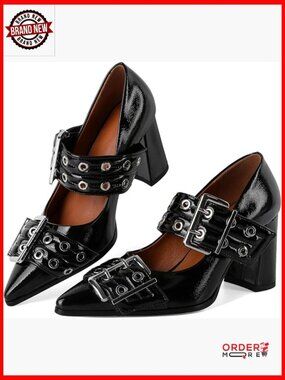 Chunky Heel Mary Jane Pumps, 3.5 Inch Block Heels, Buckle Strap Slip-On